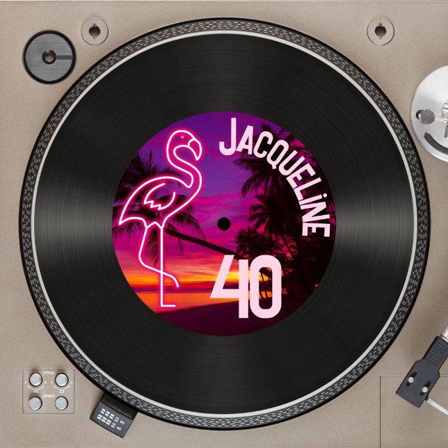 Custom Retro Record Neon Flamingo 40th Birthday Invitation (Creator Uploaded)