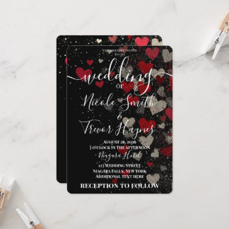 Custom Retro Red Falling Hearts Wedding Invitation