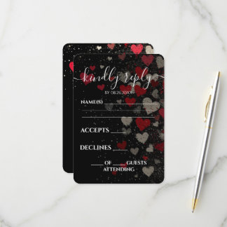 Custom Retro Red Falling Hearts Wedding RSVP Card