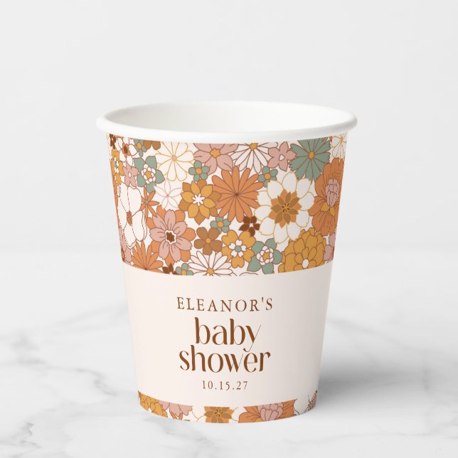 Custom Retro Terracotta Boho Floral Baby Shower Paper Cups (Front)