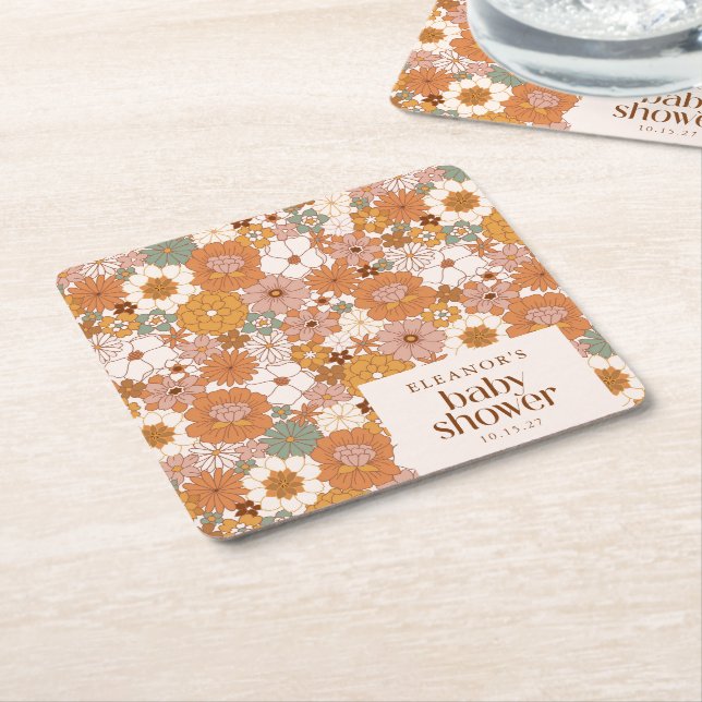 Custom Retro Terracotta Boho Floral Baby Shower Square Paper Coaster (Angled)
