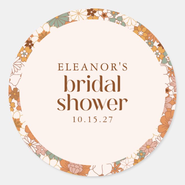 Custom Retro Terracotta Boho Floral Bridal Shower Classic Round Sticker (Front)