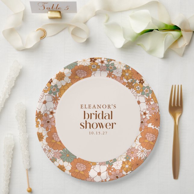 Custom Retro Terracotta Boho Floral Bridal Shower Paper Plate (Wedding)