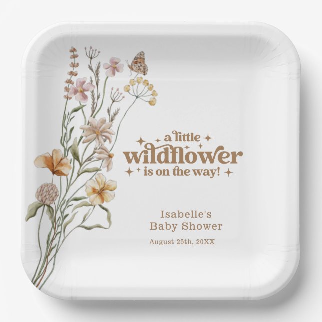 Custom Retro Wildflower Baby Shower Paper Plate (Front)