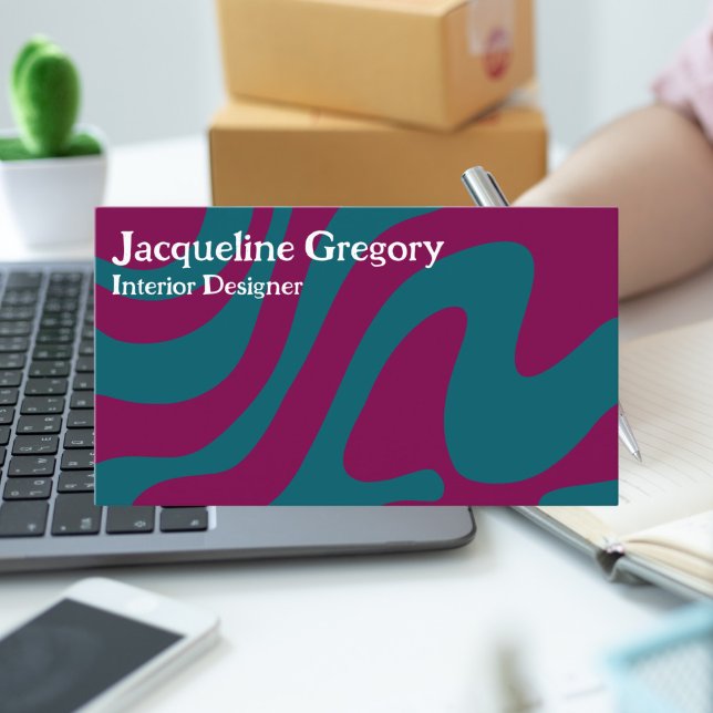 Custom Retro Zebra Stripes Wavy Lines Magenta Teal Business Card (Creator Uploaded)