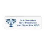 Custom return address labels with Jewish menorah<br><div class="desc">Custom return address labels with Jewish menorah logo.  Custom labels for mailing cards for home or business. Personalised text and blue colour.  Create your own in bulk. Leave blank to print at home with your own printer. Useful for Hanukkah Holidays,  Christmas,  new home,  moving,  relocation etc.</div>