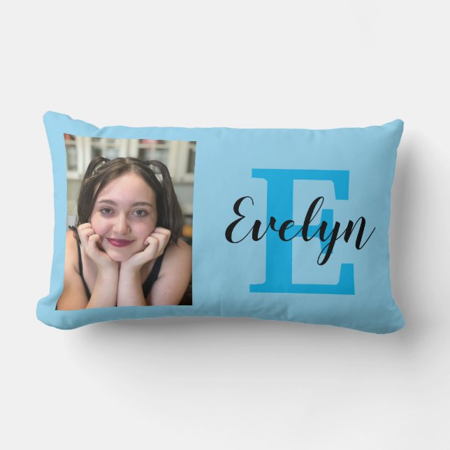 Custom Reversible Teal Photo & Name Throw Pillow (Front)