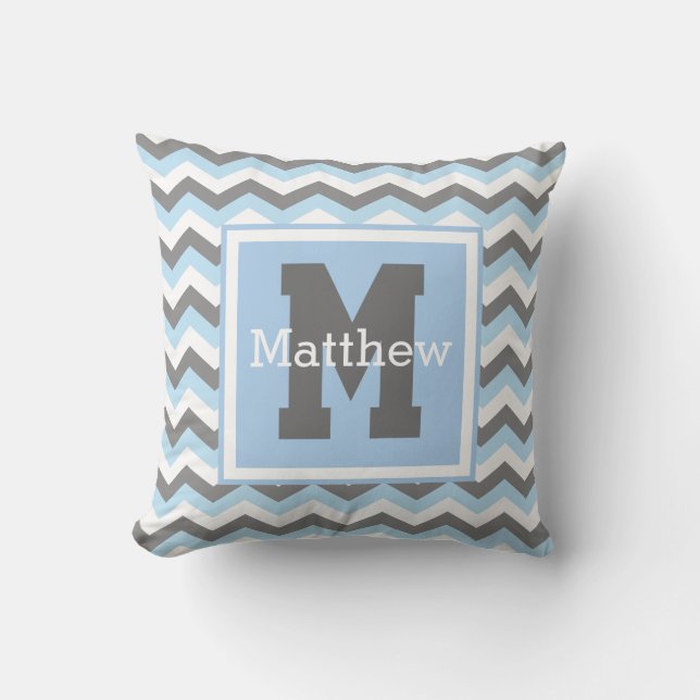 Custom Rey Baby Blue White Chevron Monogram Name Cushion (Front)