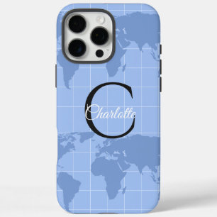 Custom Riviera Blue World Map Monogram Name iPhone 16 Pro Max Case