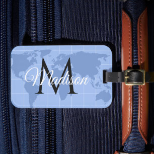 Custom Riviera Blue World Map Monogram Name Luggage Tag