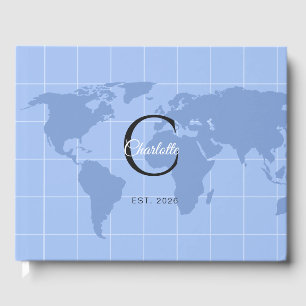 Custom Riviera Blue World Map Monogram Wedding Guest Book