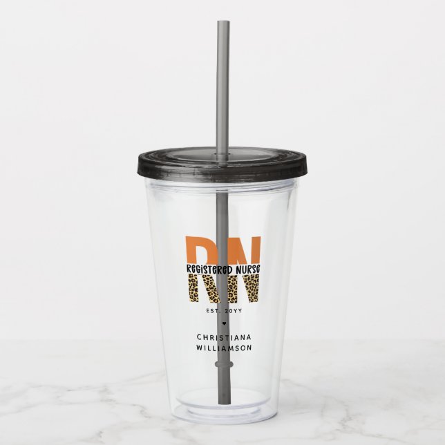 Custom RN Registered Nurse Leopard Typography Acrylic Tumbler (Front)