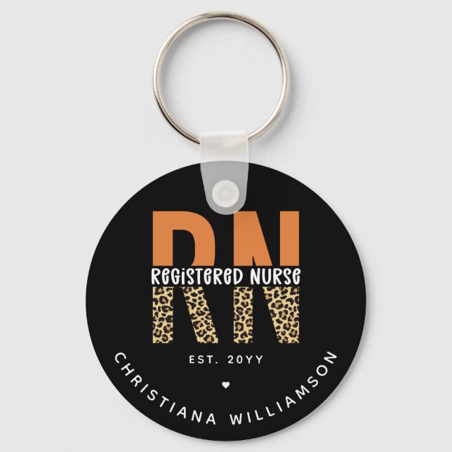Custom RN Registered Nurse Leopard Typography Key Ring (Front)