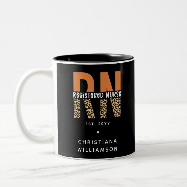 Custom RN Registered Nurse Leopard Typography Two-Tone Coffee Mug (Left)