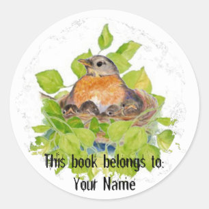 Custom Robin in Nest- Book Plate Classic Round Sticker