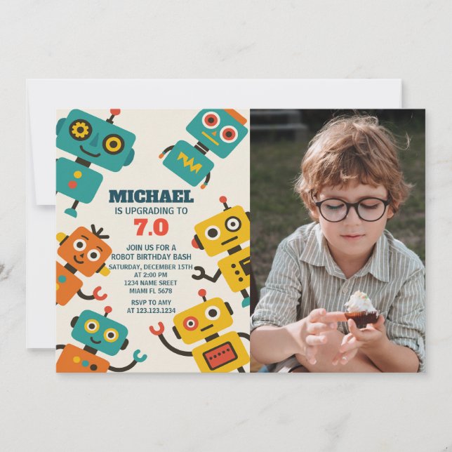 Custom Robot Birthday Invitation with photo (Front)