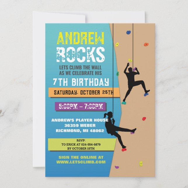 Custom Rock Climbing Birthday Party Invitation (Front)