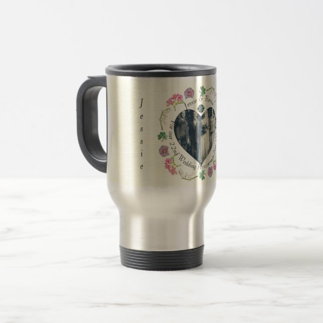 Custom Romantic Event Floral Heart Photo Travel Mug (Front Left)