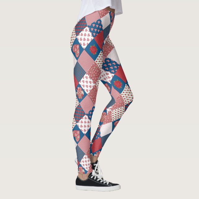 Custom Romantic Hearts and Roses Faux Patchwork Leggings (Right)