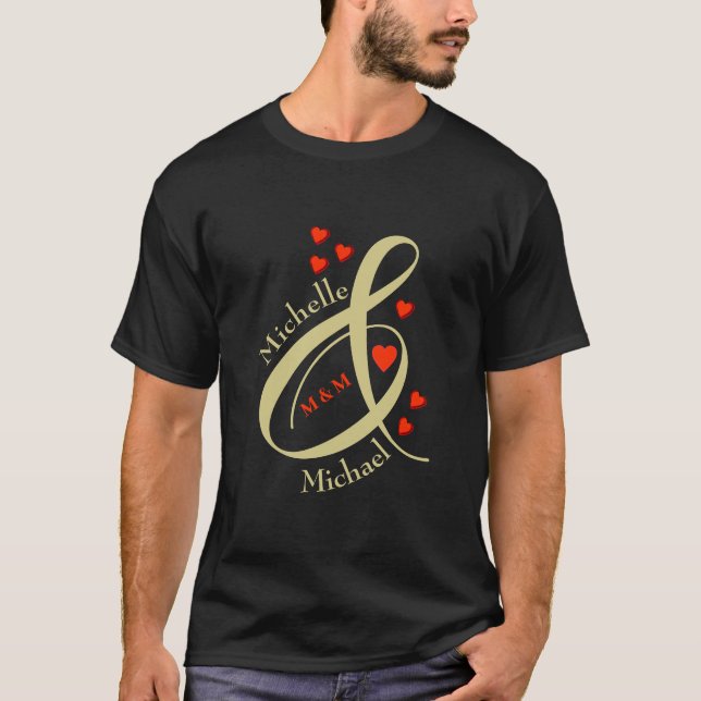 Custom Romantic Initials Hearts Black Gold T-Shirt (Front)
