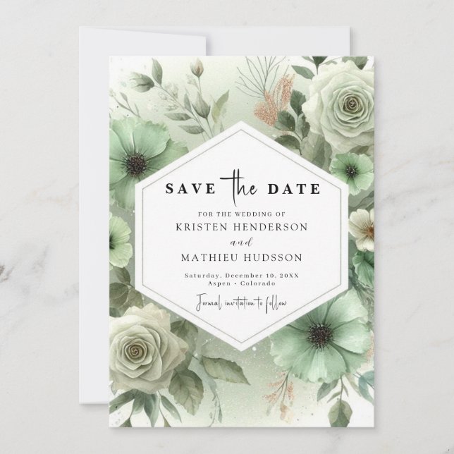 Custom Romantic Typography Sage Green Wedding Save The Date (Front)