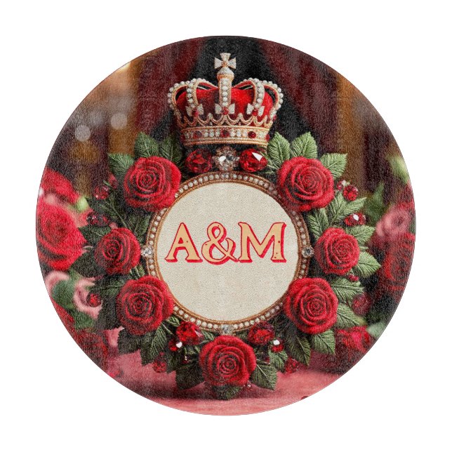 👑 Custom Rose Crown Monogram Name Gift for Her 🌹 Cutting Board (Front)