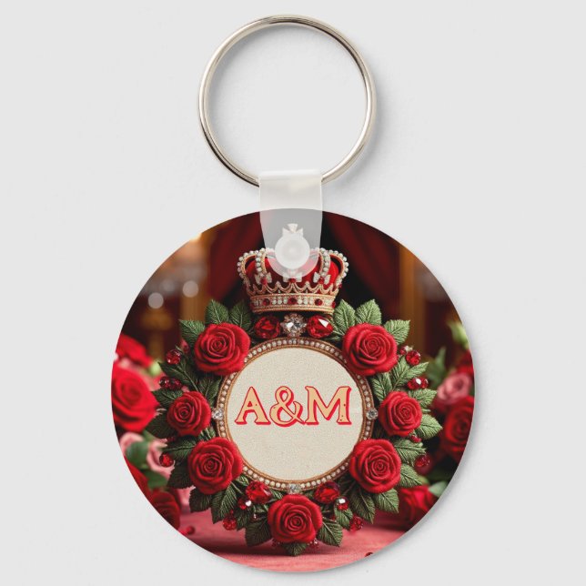 👑 Custom Rose Crown Monogram Name Gift for Her 🌹 Key Ring (Front)