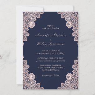 Custom Rose Gold and Navy Blue Wedding Invitation