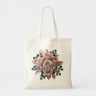 Custom Rose Gold Floral Monogram Budget Tote Bag