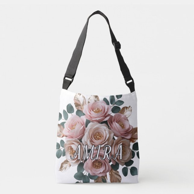 Custom Rose Gold Floral Monogram Crossbody Bag (Front)
