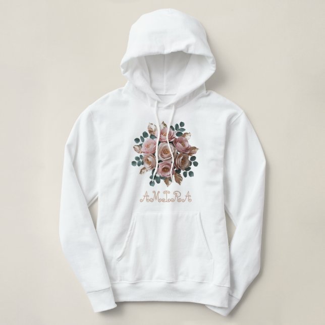 Custom Rose Gold Floral Monogram Pullover Hoodie (Design Front)