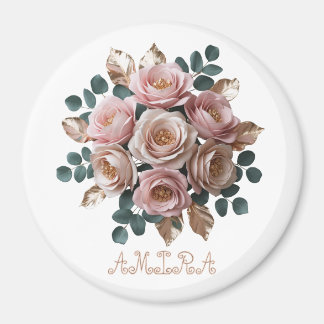 Custom Rose Gold Floral Monogram Round Magnet