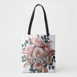 Custom Rose Gold Floral Monogram Shoulder Tote Bag