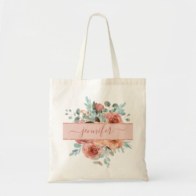 Custom Rose Gold Floral Tote Bag. Bridesmaid Bag (Front)
