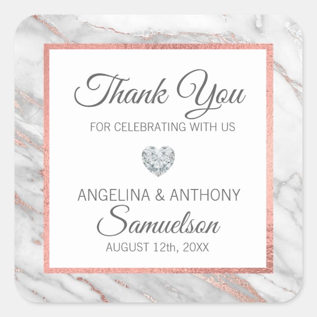 Custom Rose Gold Foil Marble WEDDING Thank You Square Sticker (Front)