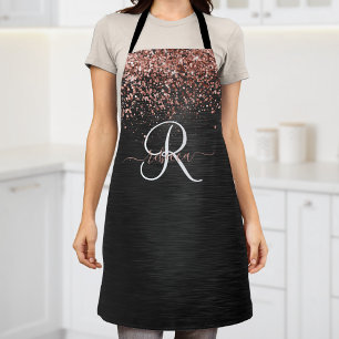 Custom Rose Gold Glitter Black Sparkle Monogram Apron