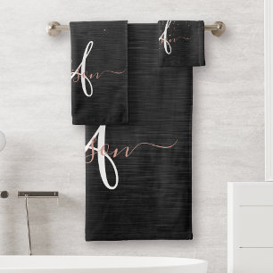 Custom Rose Gold Glitter Black Sparkle Monogram Bath Towel Set