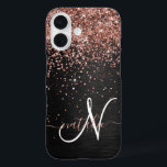 Custom Rose Gold Glitter Black Sparkle Monogram iPhone 16 Case<br><div class="desc">Easily personalise this trendy elegant phone case design featuring pretty rose gold sparkling glitter on a black brushed metallic background.</div>