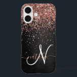 Custom Rose Gold Glitter Black Sparkle Monogram iPhone 16 Case<br><div class="desc">Easily personalise this trendy elegant phone case design featuring pretty rose gold sparkling glitter on a black brushed metallic background.</div>