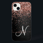 Custom Rose Gold Glitter Black Sparkle Monogram Case-Mate iPhone 14 Plus Case<br><div class="desc">Easily personalise this trendy elegant phone case design featuring pretty rose gold sparkling glitter on a black brushed metallic background.</div>