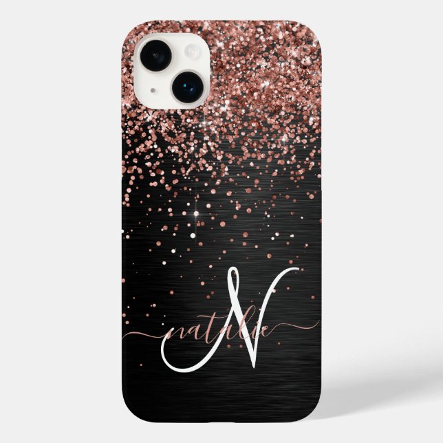 Custom Rose Gold Glitter Black Sparkle Monogram Case-Mate iPhone Case (Back)