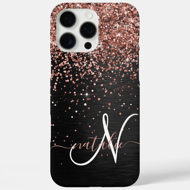 Custom Rose Gold Glitter Black Sparkle Monogram Case-Mate iPhone Case (Back)