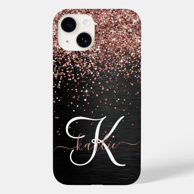 Custom Rose Gold Glitter Black Sparkle Monogram Case-Mate iPhone Case (Back)