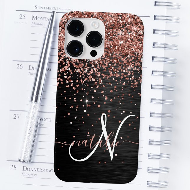 Custom Rose Gold Glitter Black Sparkle Monogram Case-Mate iPhone Case (Creator Uploaded)