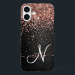 Custom Rose Gold Glitter Black Sparkle Monogram iPhone 16 Plus Case<br><div class="desc">Easily personalise this trendy elegant phone case design featuring pretty rose gold sparkling glitter on a black brushed metallic background.</div>
