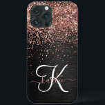 Custom Rose Gold Glitter Black Sparkle Monogram iPhone 13 Pro Max Case<br><div class="desc">Easily personalise this trendy elegant phone case design featuring pretty rose gold sparkling glitter on a black brushed metallic background.</div>