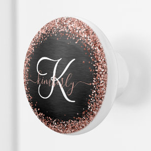 Custom Rose Gold Glitter Black Sparkle Monogram Ceramic Knob