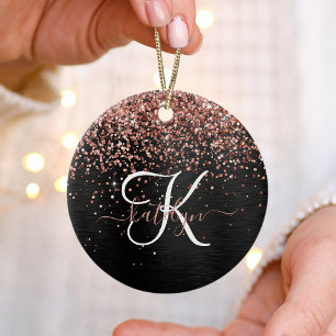 Custom Rose Gold Glitter Black Sparkle Monogram Ceramic Tree Decoration