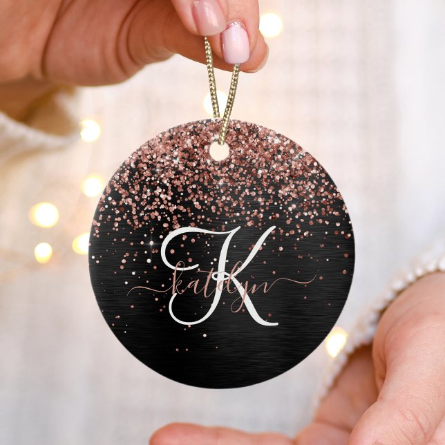 Custom Rose Gold Glitter Black Sparkle Monogram Ceramic Tree Decoration (Creator Uploaded)
