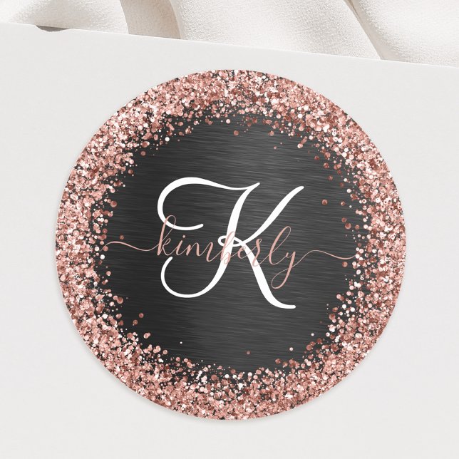 Custom Rose Gold Glitter Black Sparkle Monogram Classic Round Sticker (Creator Uploaded)